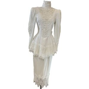 Vtg Jessica McClintock Gunne Sax High Neck White Lace Pencil Skirt  Bow Dress 4